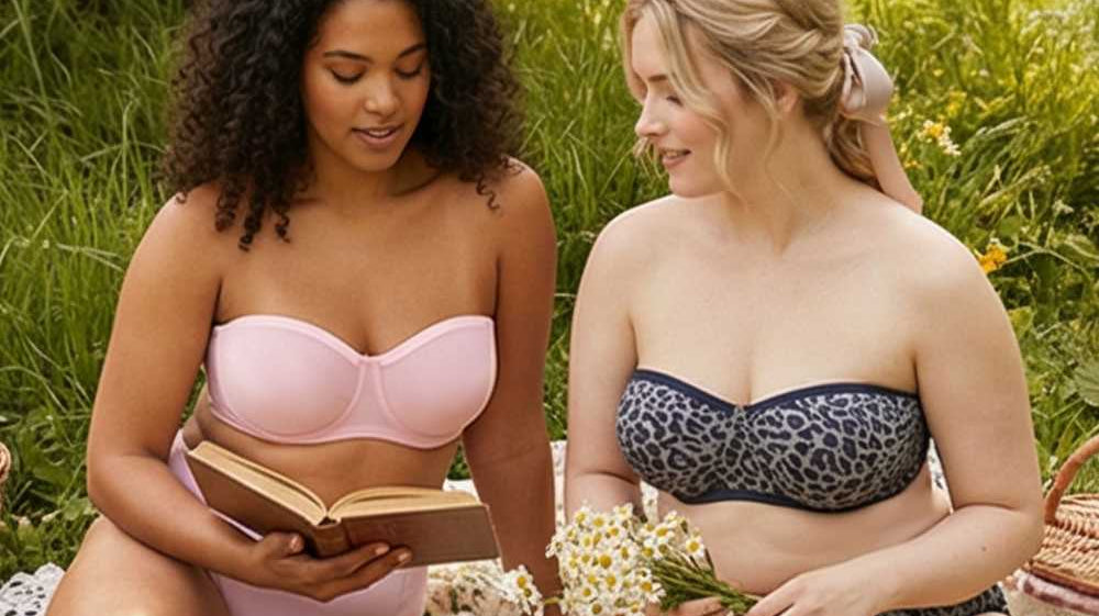 hsia lifestyle photo: two curvy models relaxing in a grassy meadow, one wearing a light pink bella strapless bra set while reading a book, the other in a leopard print bra set holding a bunch of daisies, evoking a breezy summer picnic mood.
