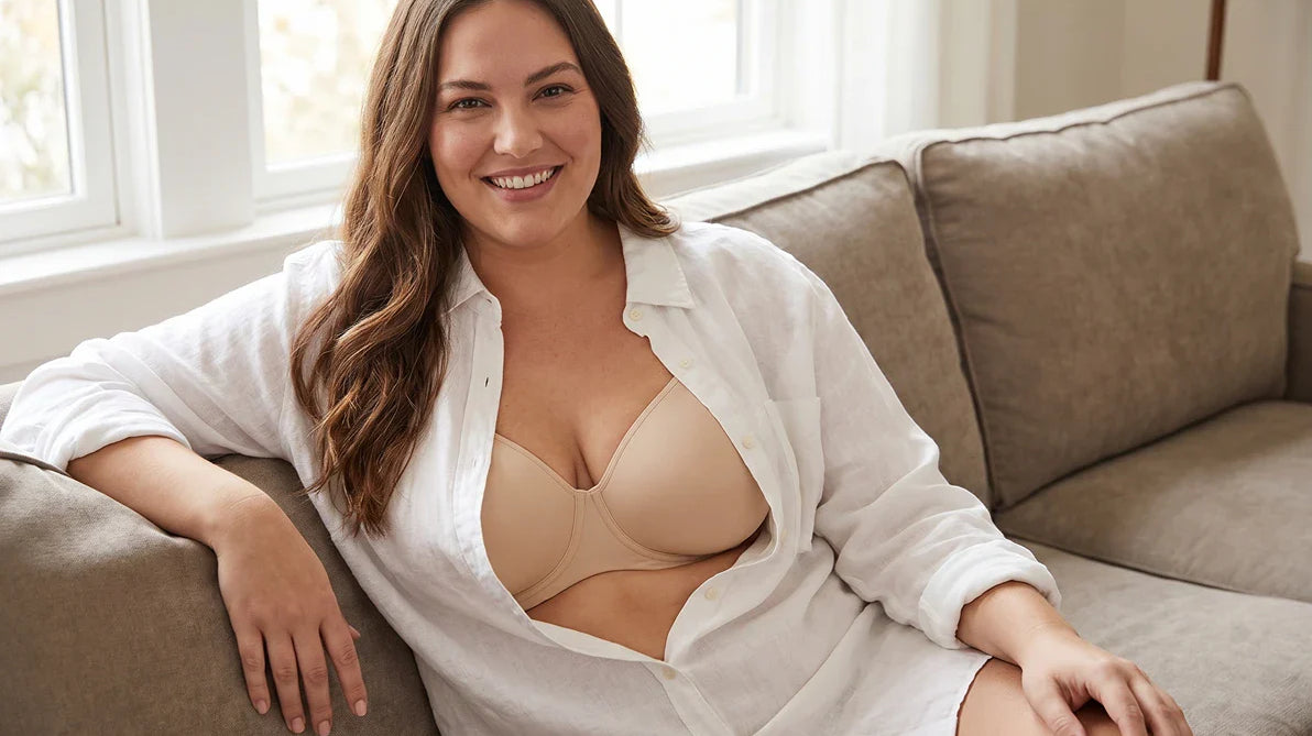 A confident woman with a large bust wearing a crisp white button-down shirt that fits perfectly without gaping, thanks to the seamless unlined minimizer bra underneath.