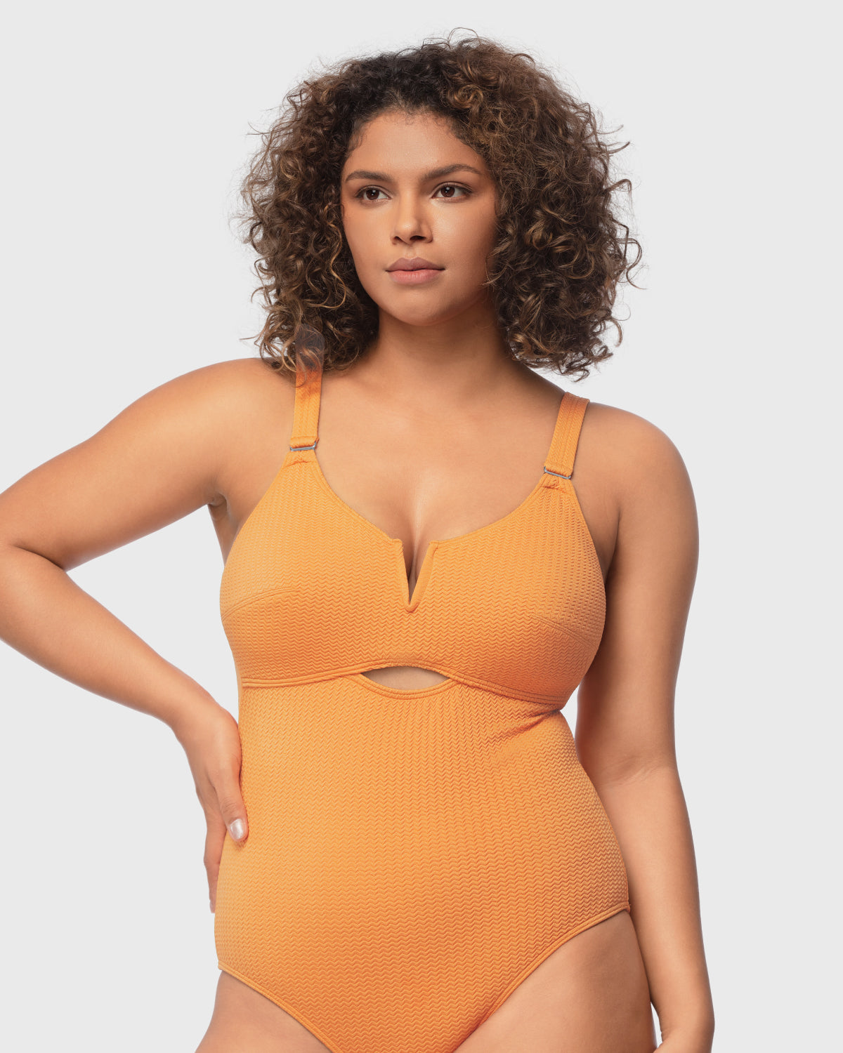 Sandwich Air cup V-wire Plunge Textured One-piece Cutout Swimsuit - HSIA