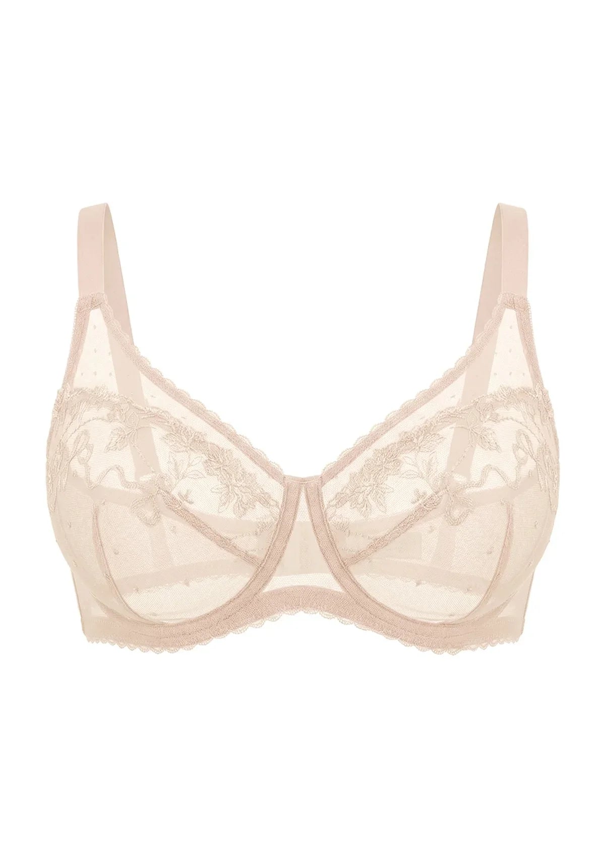 3D studio shot of the HSIA light beige Ophelia lace bra, detailing the expensive heavy-stitch floral embroidery and upgraded cradle support.