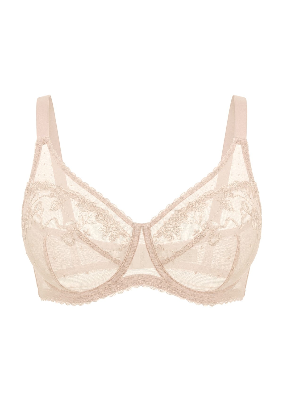 3D studio shot of the HSIA light beige Ophelia lace bra, detailing the expensive heavy-stitch floral embroidery and upgraded cradle support.