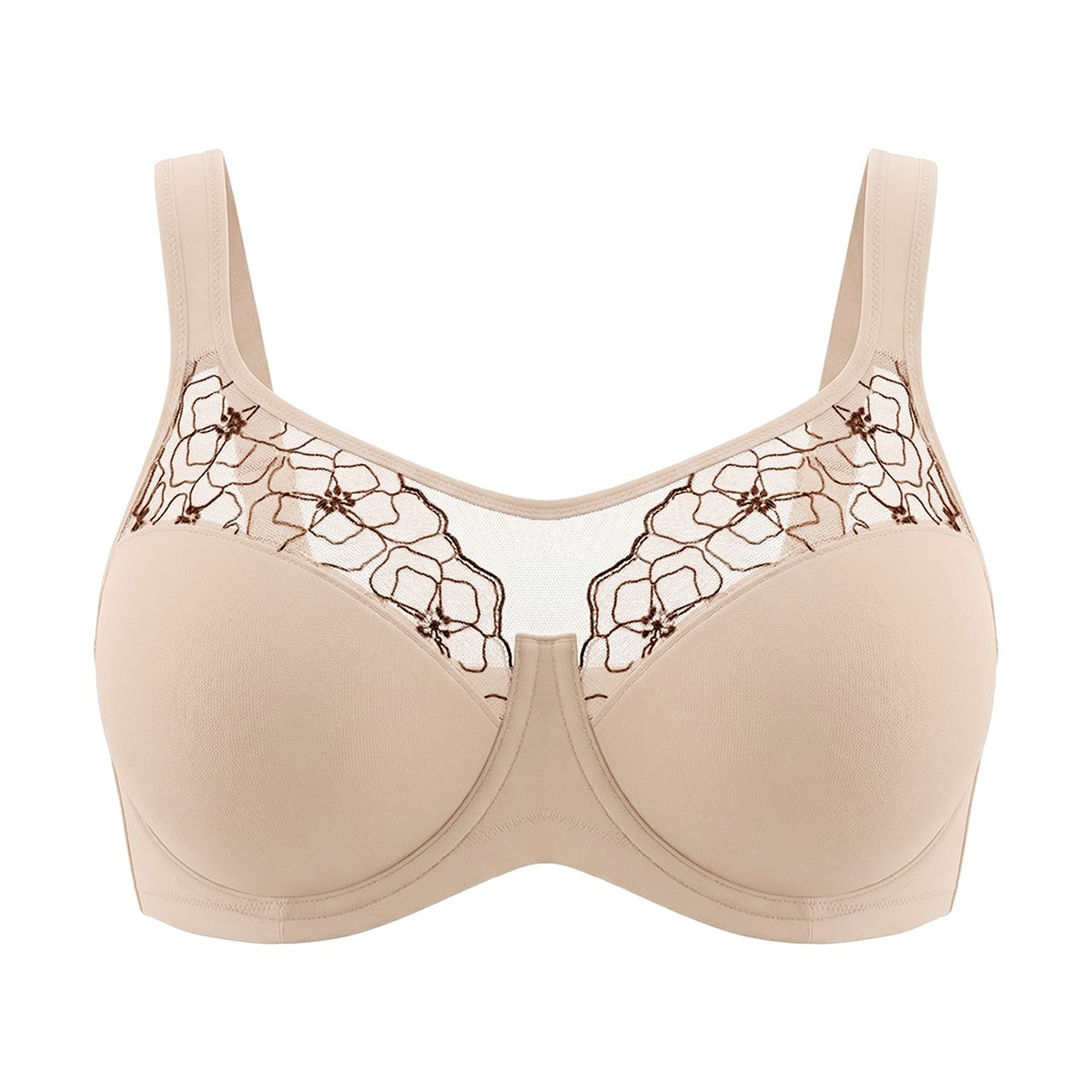 3D studio shot of the HSIA light beige lace unlined bra, detailing the delicate two-tone embroidery and smart custom-sized hooks.