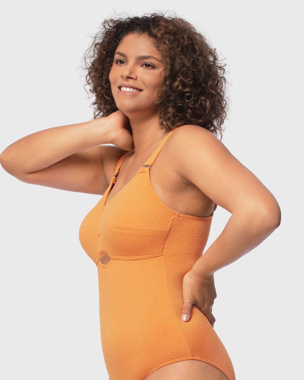 Sandwich Air cup V-wire Plunge Textured One-piece Cutout Swimsuit - HSIA