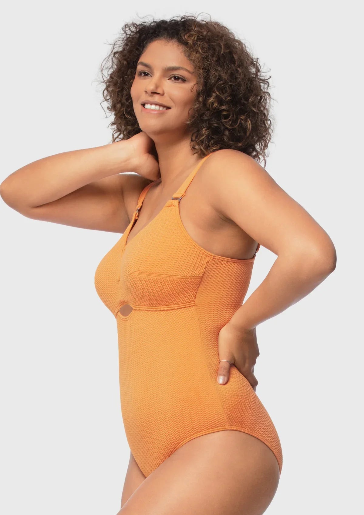 Sandwich Air cup V-wire Plunge Textured One-piece Cutout Swimsuit - HSIA