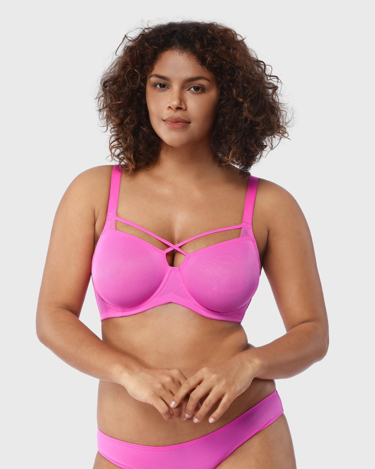 Billie Cross Front Strap Barbie Pink Smooth Sheer Mesh Underwire Bra - HSIA