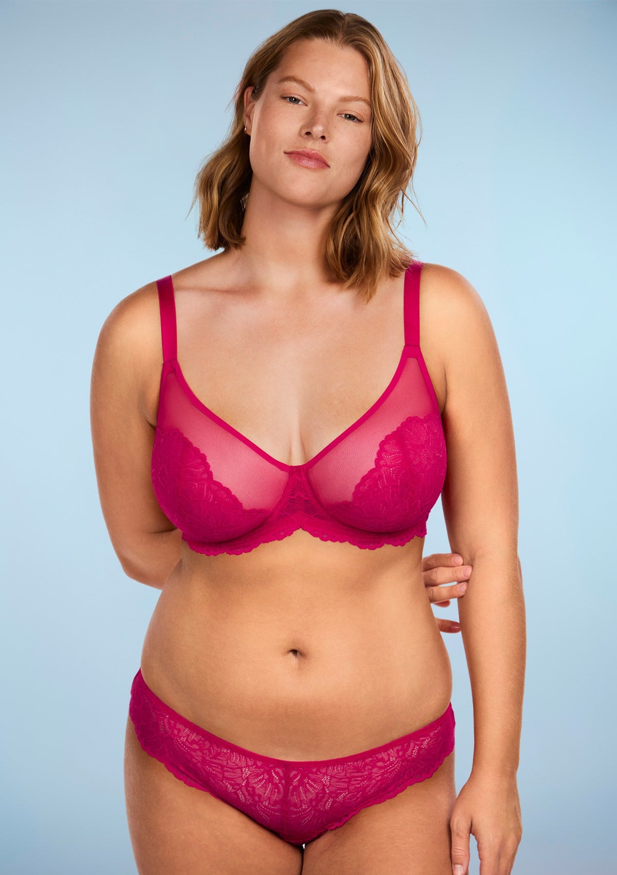 Blossom Raspberry Unlined Lace Underwire Bra Set - HSIA