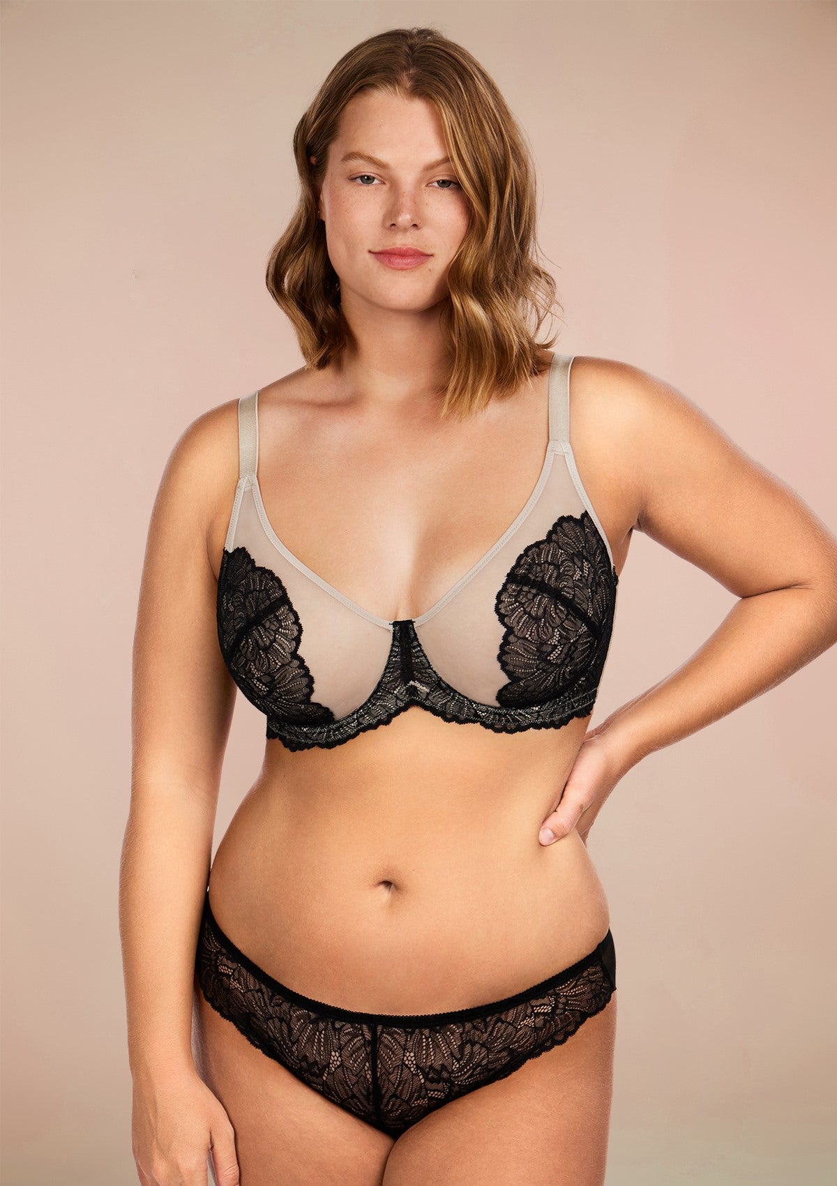 HSIA Blossom Unlined Black Contrast Apricot Lace Bra Set - HSIA