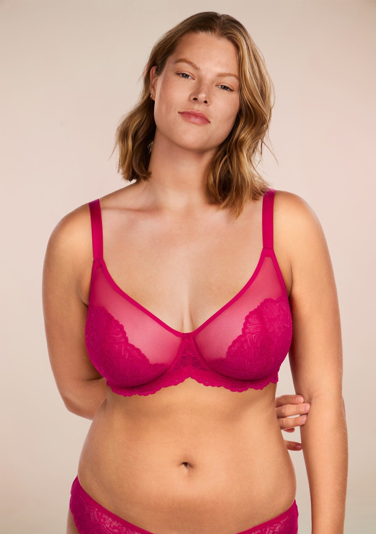 Blossom Raspberry Unlined Lace Underwire Bra Set - HSIA