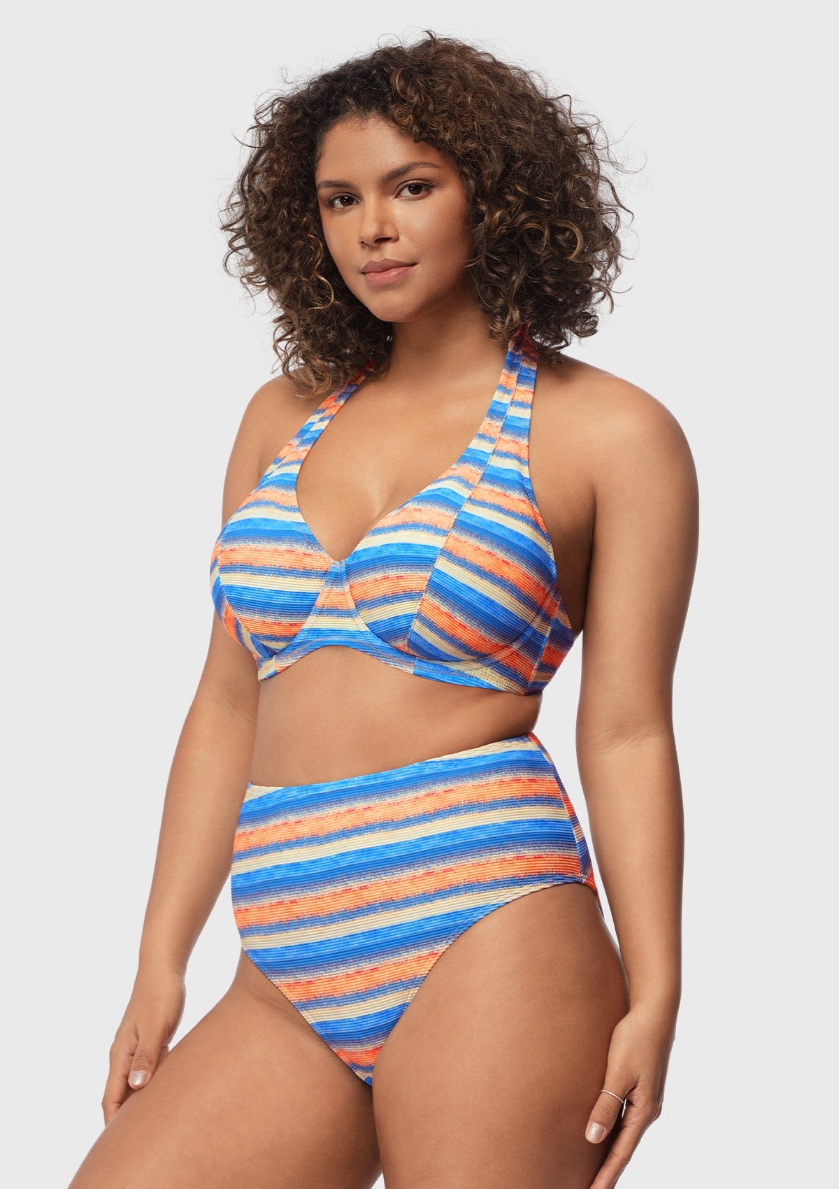 Multi Colored Striped Textured Halter Bikini Set - HSIA