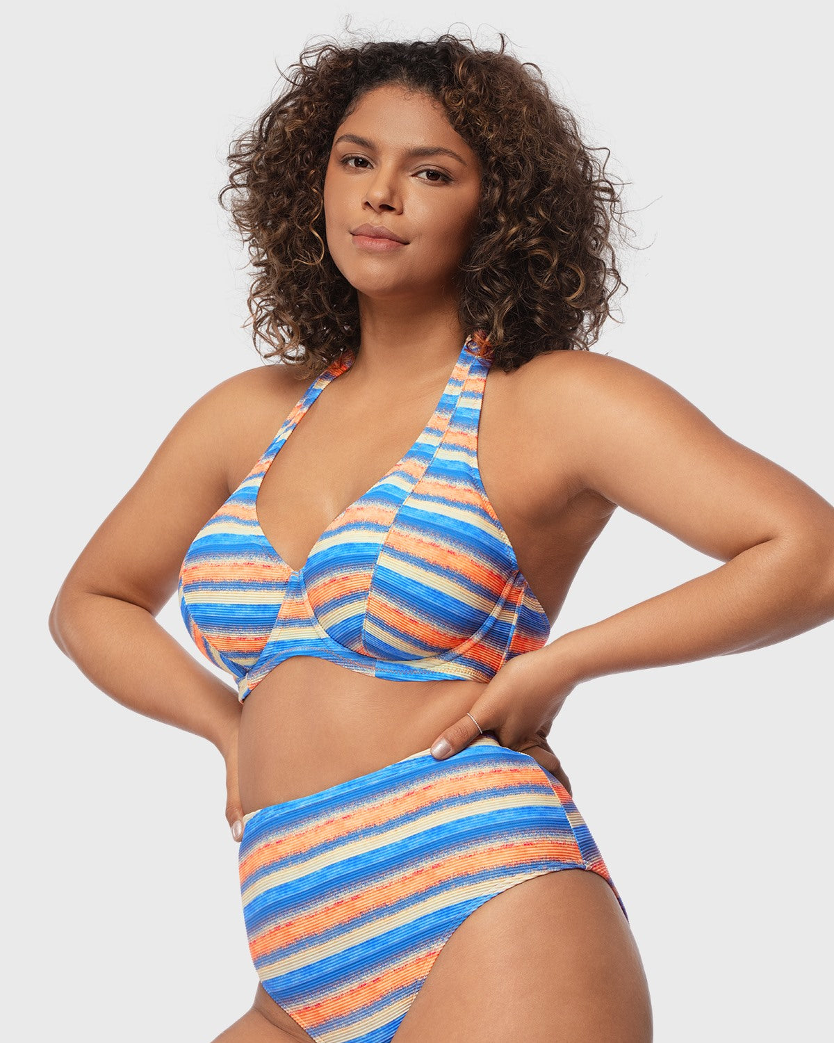 Multi Colored Striped Textured Halter Bikini Set - HSIA