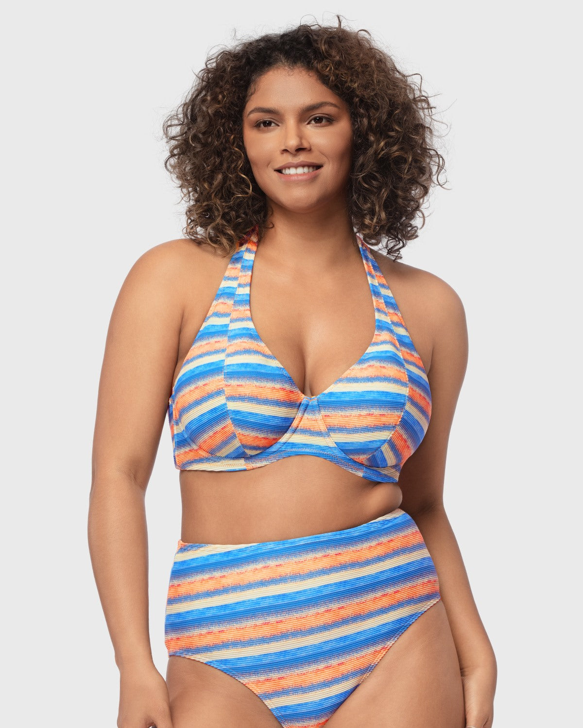 Multi Colored Striped Textured Halter Bikini Set - HSIA