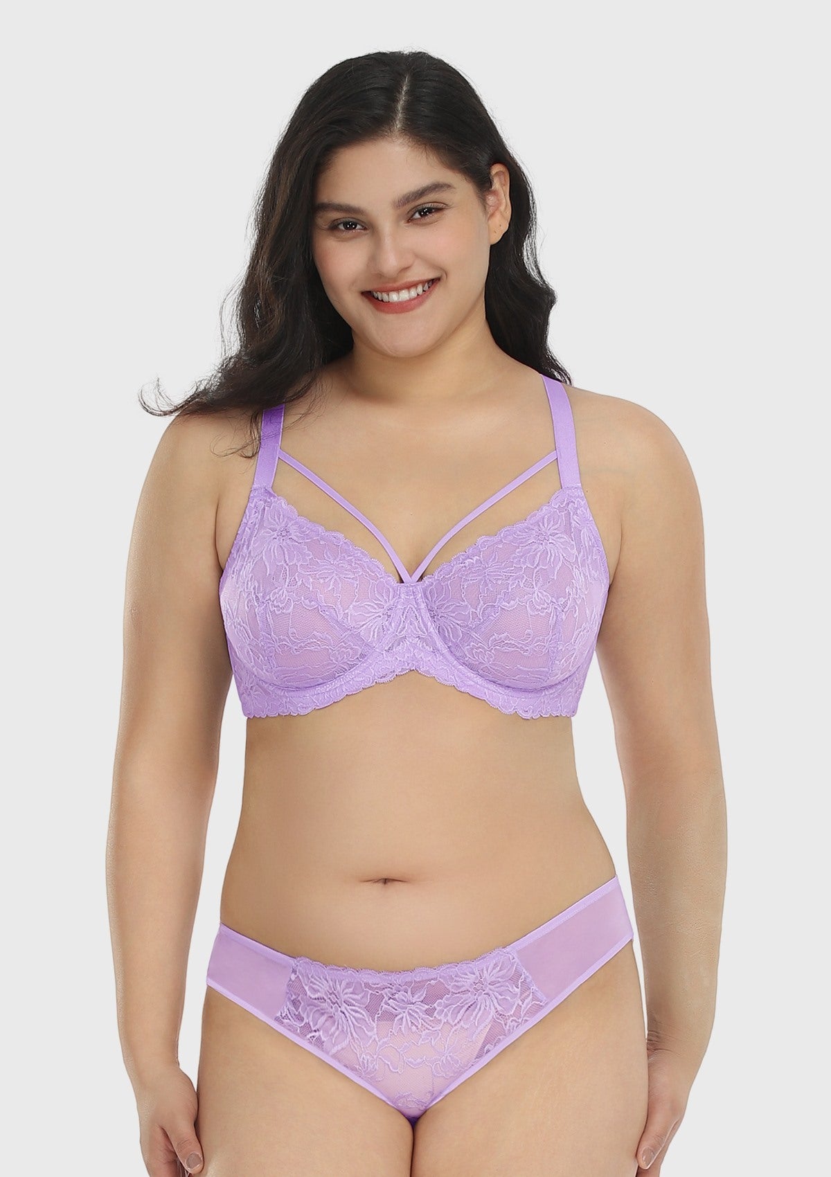 Pretty In Petals Purple Unlined Strappy Lace Underwire Bra - HSIA
