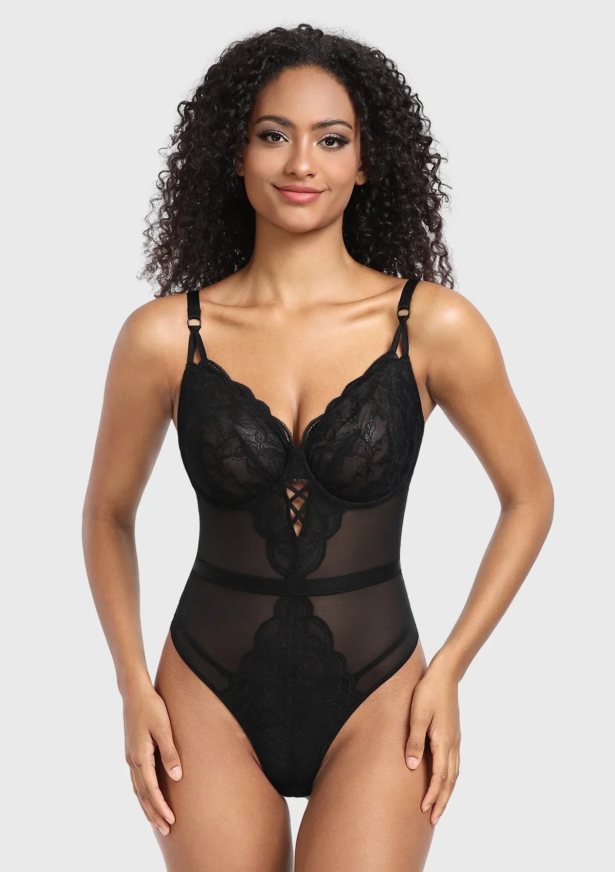 Blossom Mist Plus Size Lace Bodysuit Sexy Unlined Underwire Top Lingerie One Piece Snap Crotch Teddy - HSIA