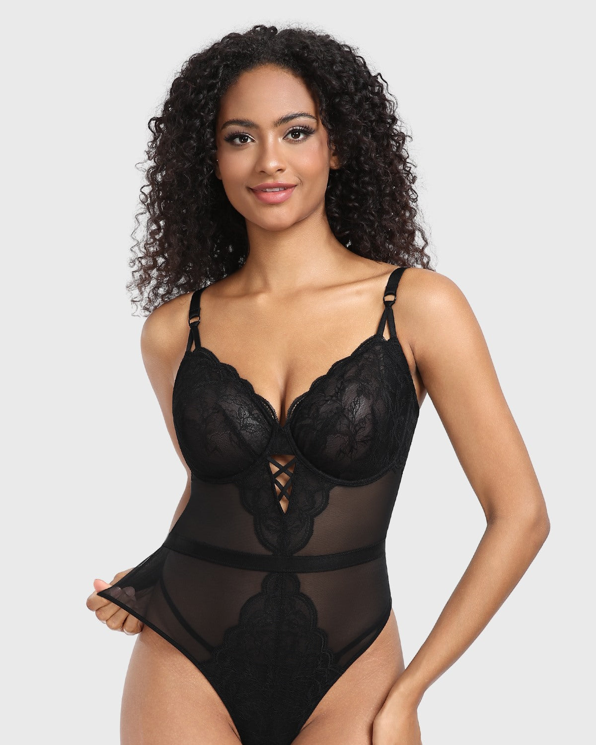 Blossom Mist Plus Size Lace Bodysuit Sexy Unlined Underwire Top Lingerie One Piece Snap Crotch Teddy - HSIA