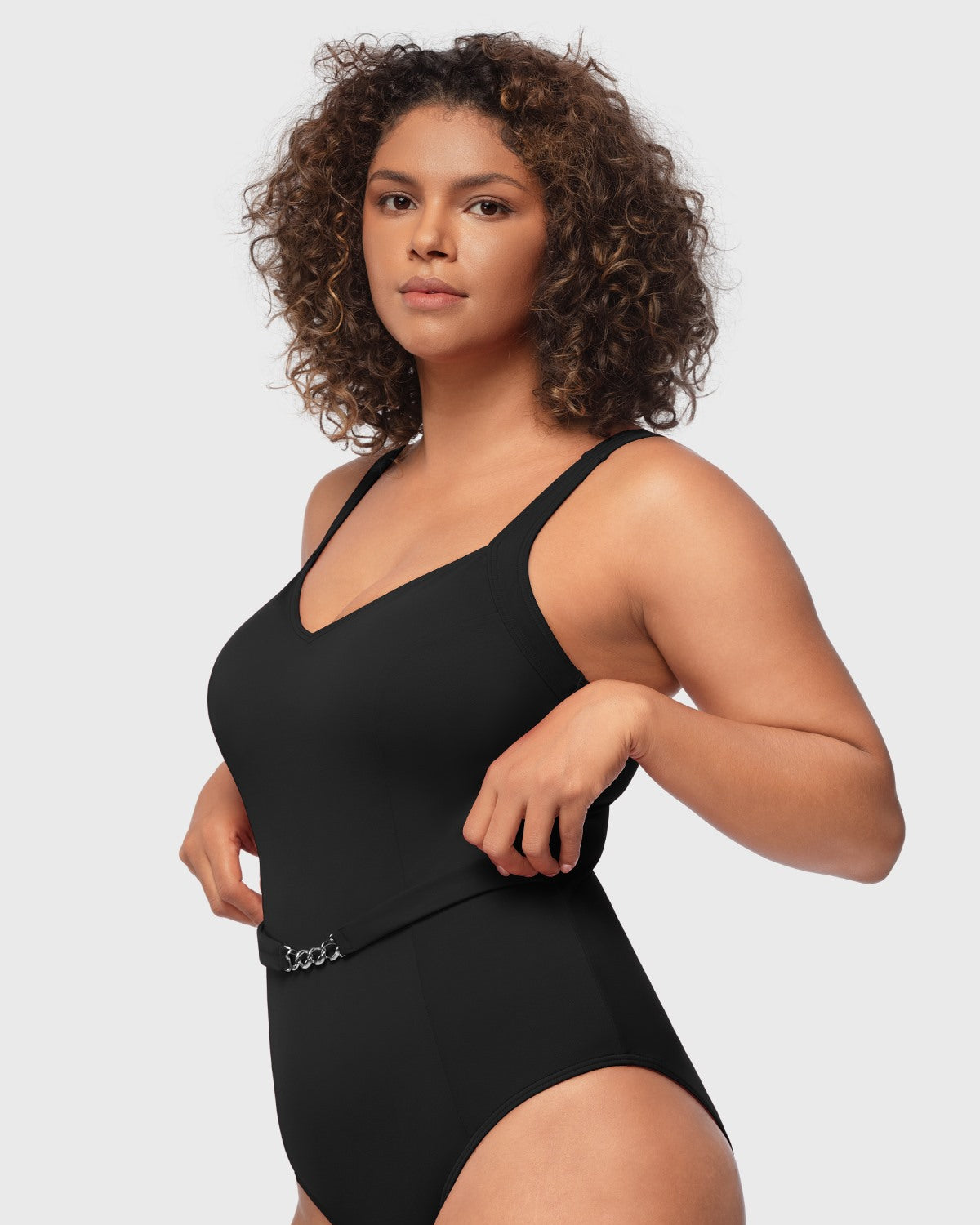 V-Neck Chain Trim One-Piece Swimwear - HSIA