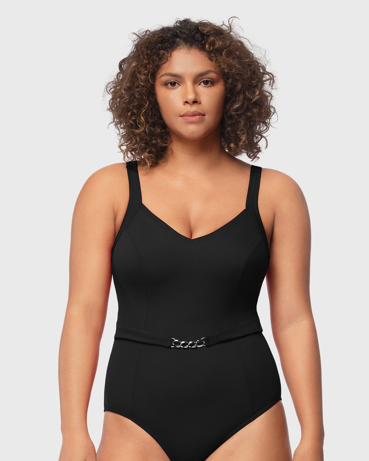 V-Neck Chain Trim One-Piece Swimwear - HSIA
