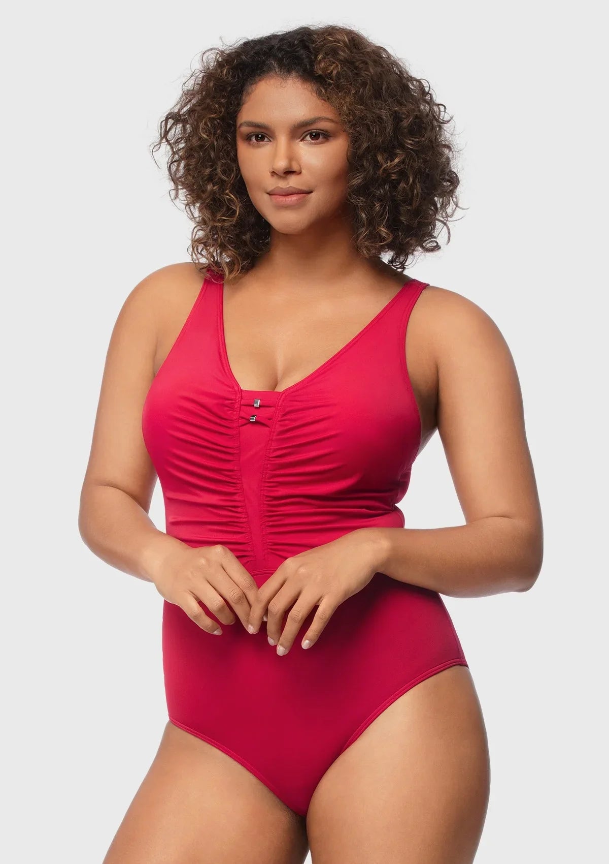V-Neck Shirred One-Piece Swimwear - HSIA