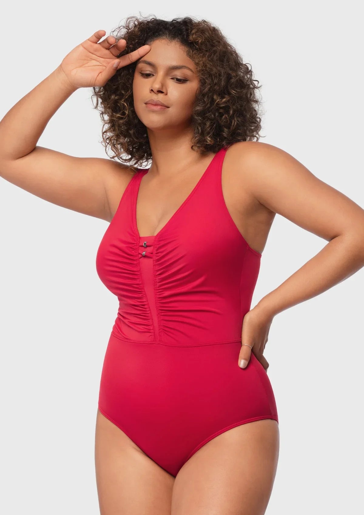 V-Neck Shirred One-Piece Swimwear - HSIA