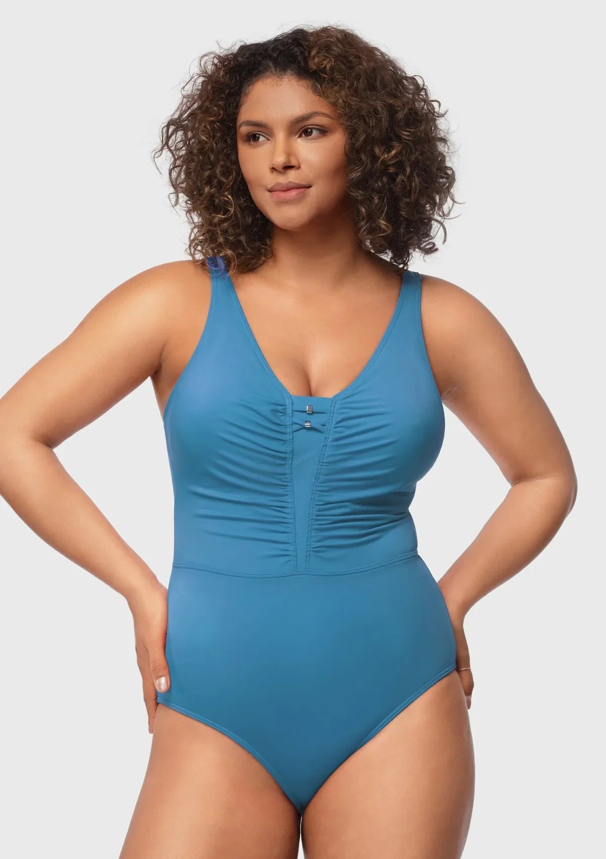 V-Neck Shirred One-Piece Swimwear - HSIA