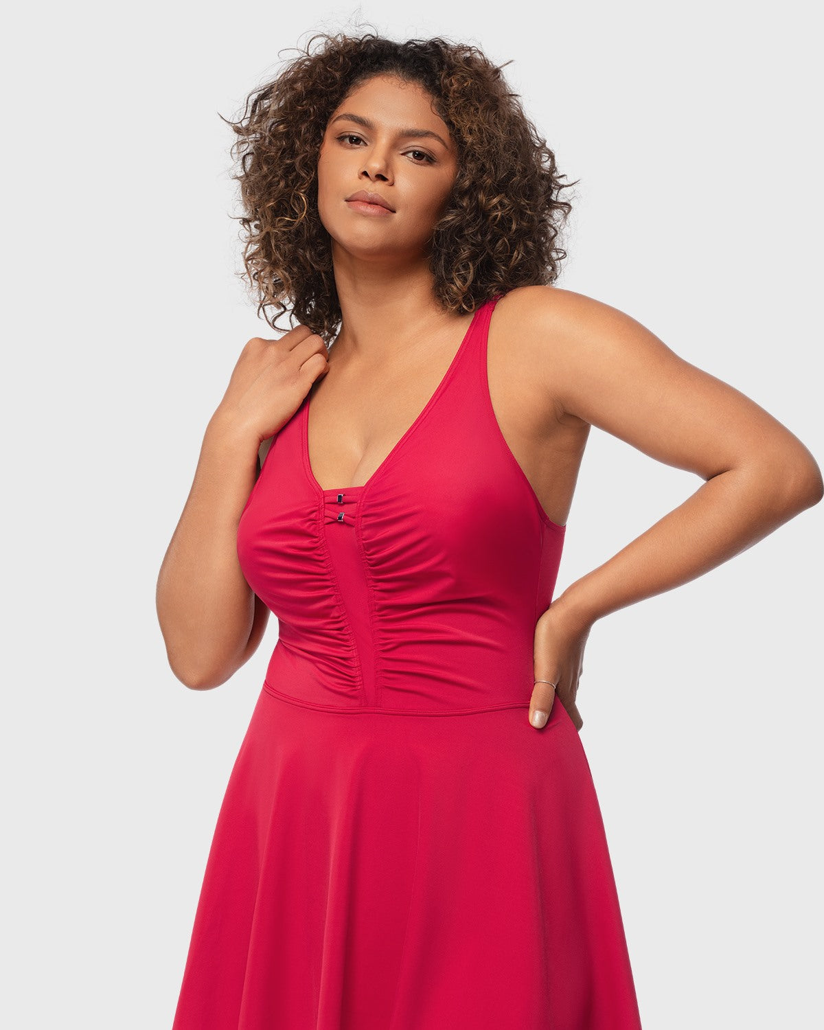 V-neck Shirred One-piece Swimdress - HSIA