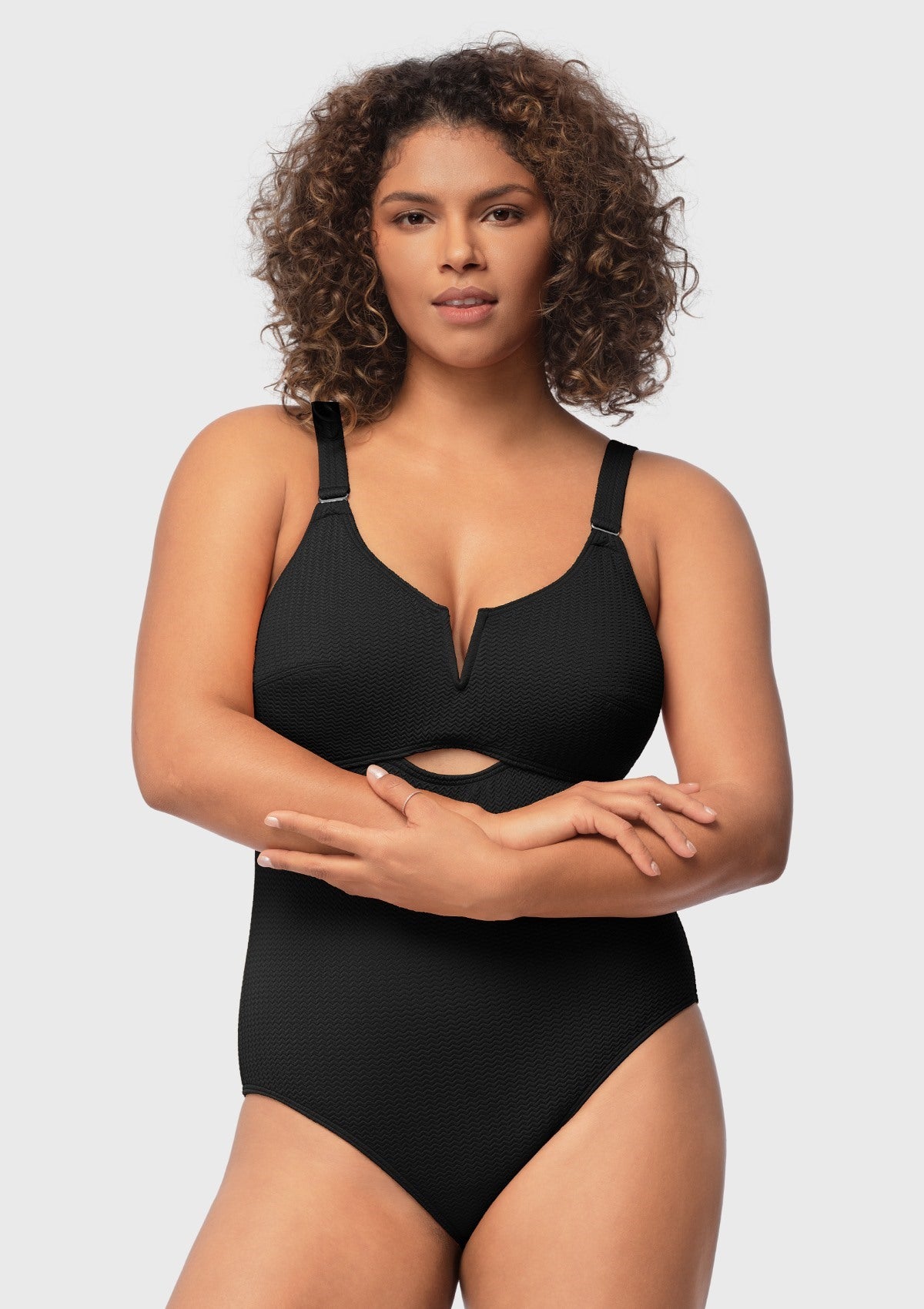 V-wire Plunge Textured One-piece Cutout Swimsuit - HSIA