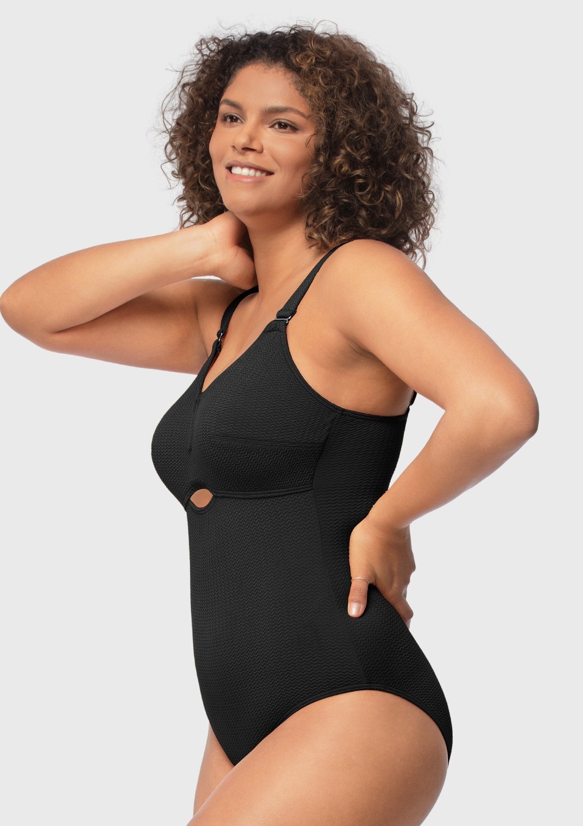V-wire Plunge Textured One-piece Cutout Swimsuit - HSIA