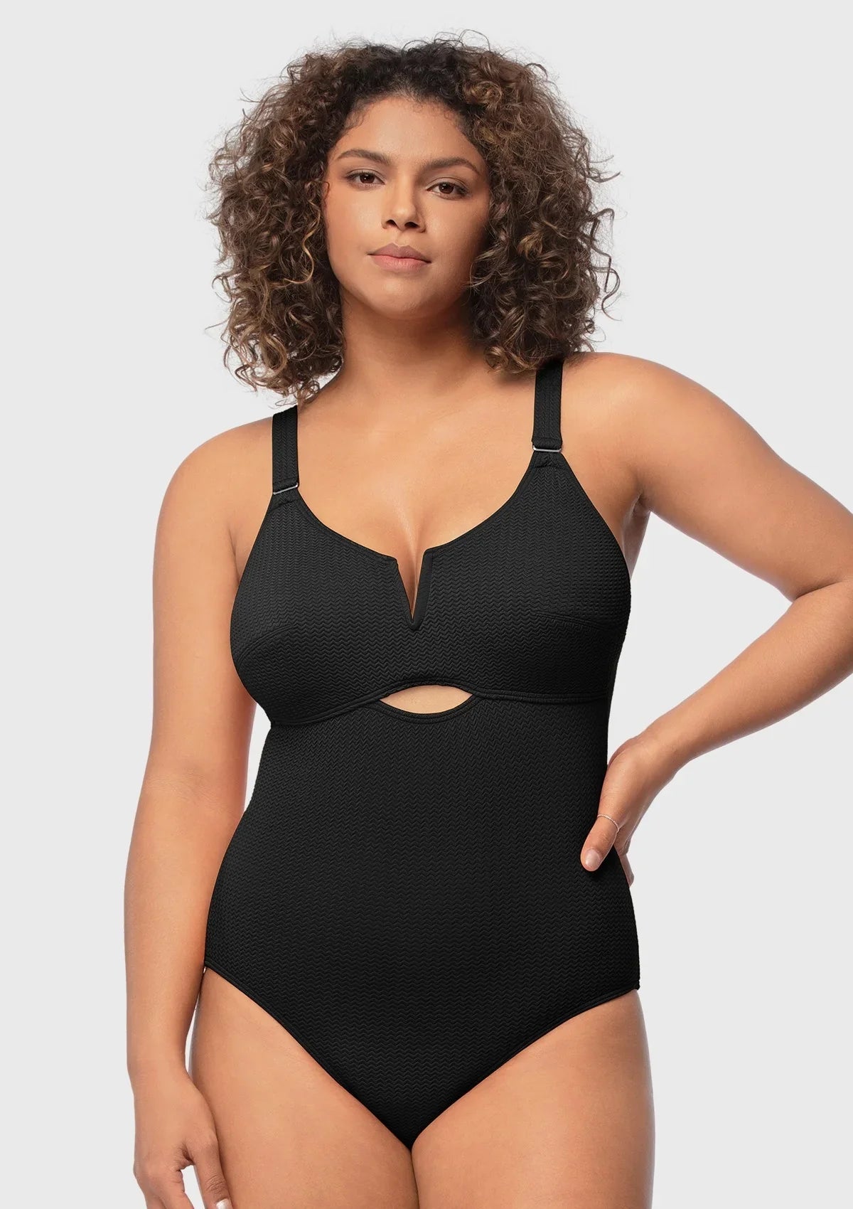 V-wire Plunge Textured One-piece Cutout Swimsuit - HSIA
