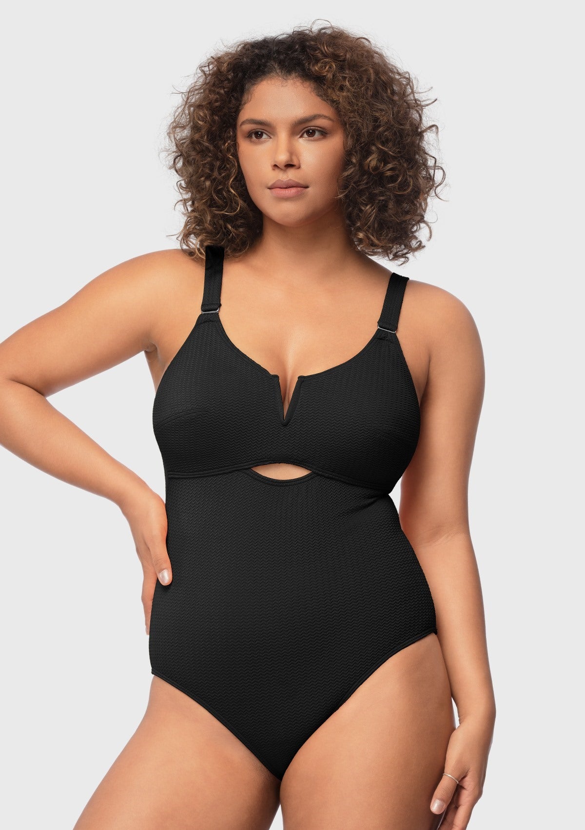 V-wire Plunge Textured One-piece Cutout Swimsuit - HSIA