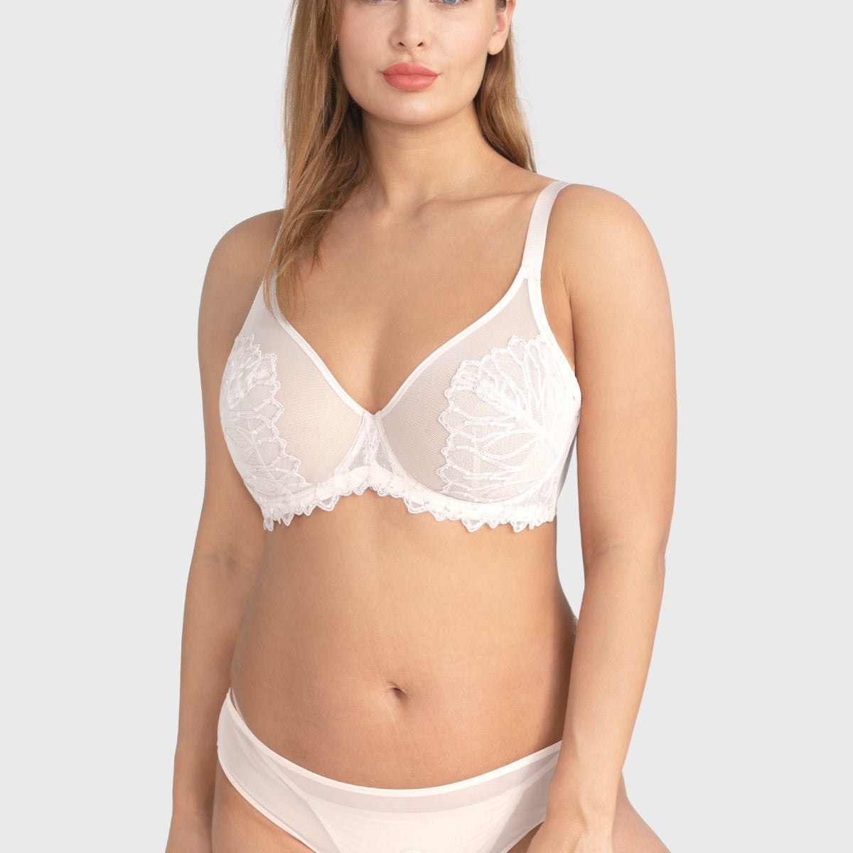 Winter Sonata Embroidered Lace Trim Full Coverage Unlined Underwire Bra - HSIA