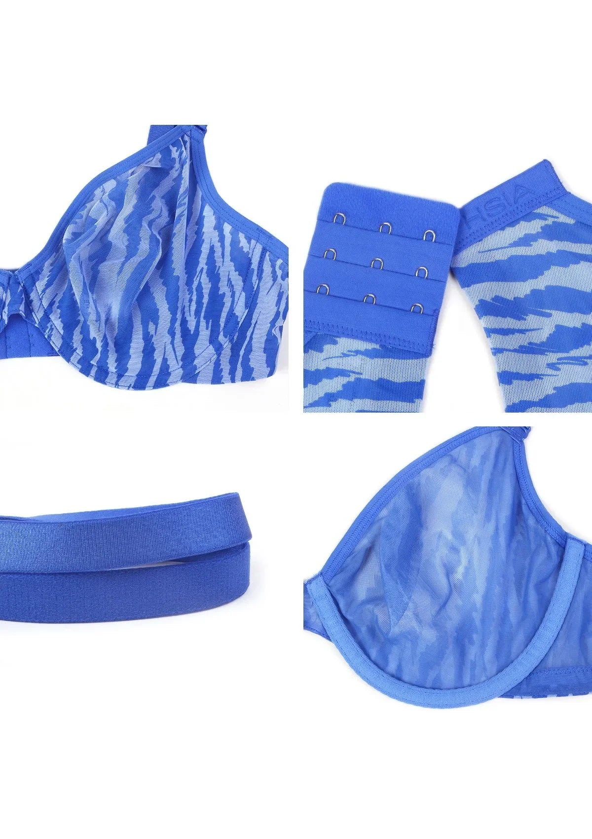 Zebra Wild Unlined Blue Underwire Mesh Bra Set - HSIA