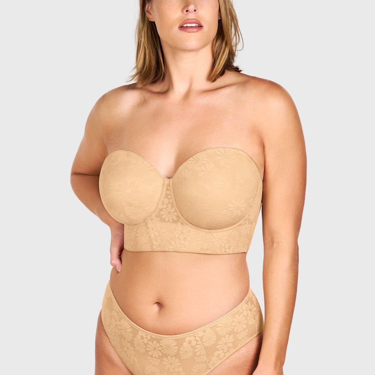 Front view of the beige smooth lace longline strapless bra, offering an invisible, flawless fit and uncompromising support for full-busted women.