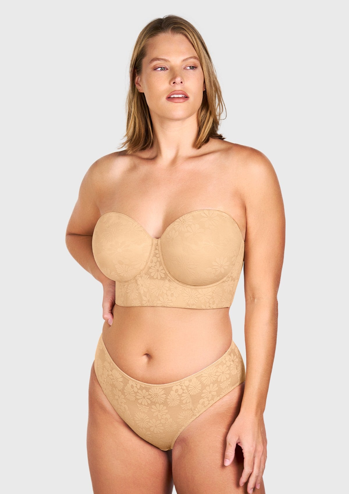 Front view of the beige smooth lace longline strapless bra, offering an invisible, flawless fit and uncompromising support for full-busted women.