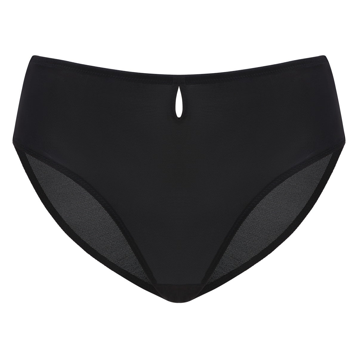 3D product render of black Bella smooth sheer mesh bikini underwear with a 100% cotton crotch.