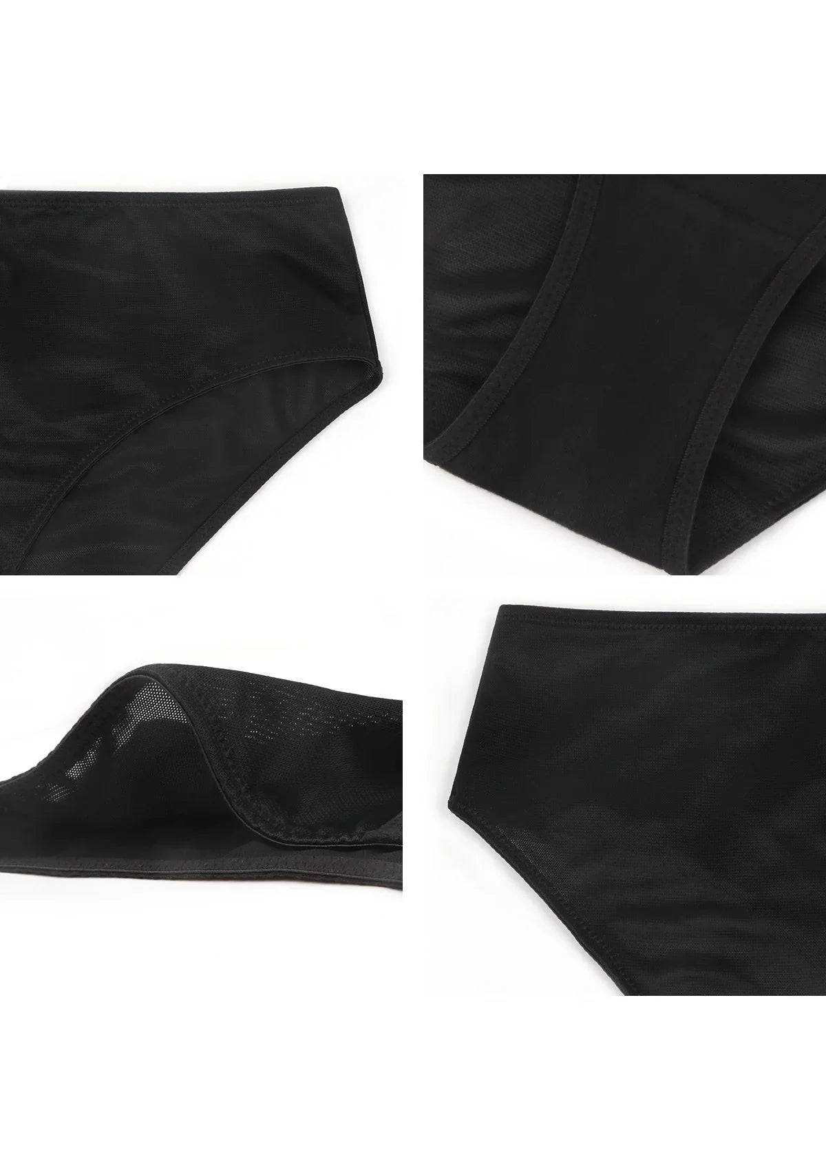 4-grid detail collage of black Bella sheer mesh underwear, showing the super soft lightweight fabric and sewn-on elastic.