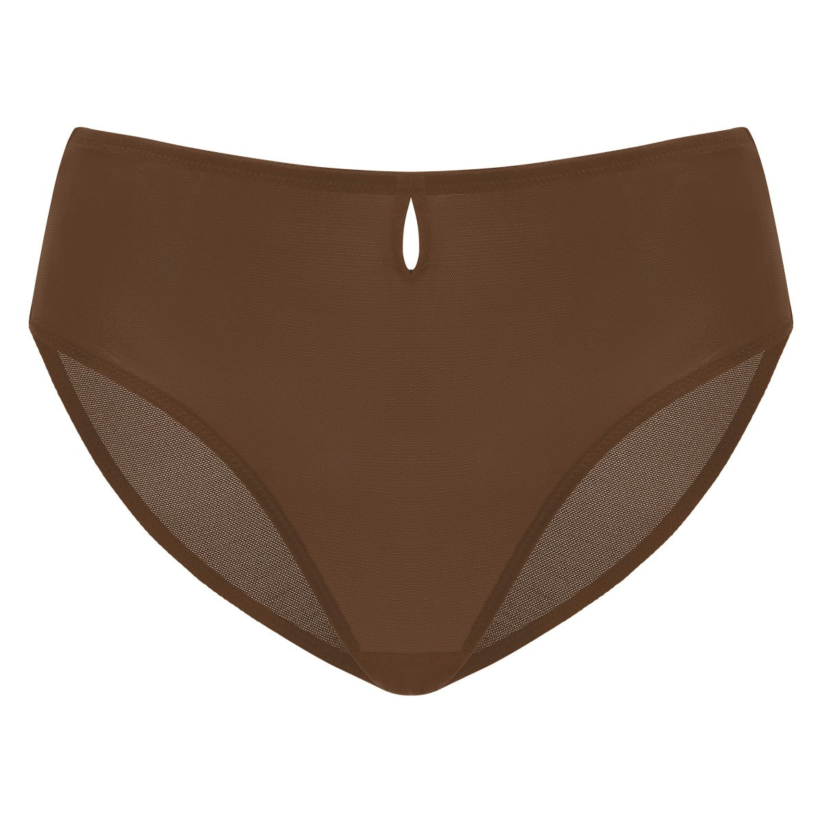 Coffee Brown Bella sheer mesh bikini underwear on model, front view, offering super soft sheer mesh comfort.