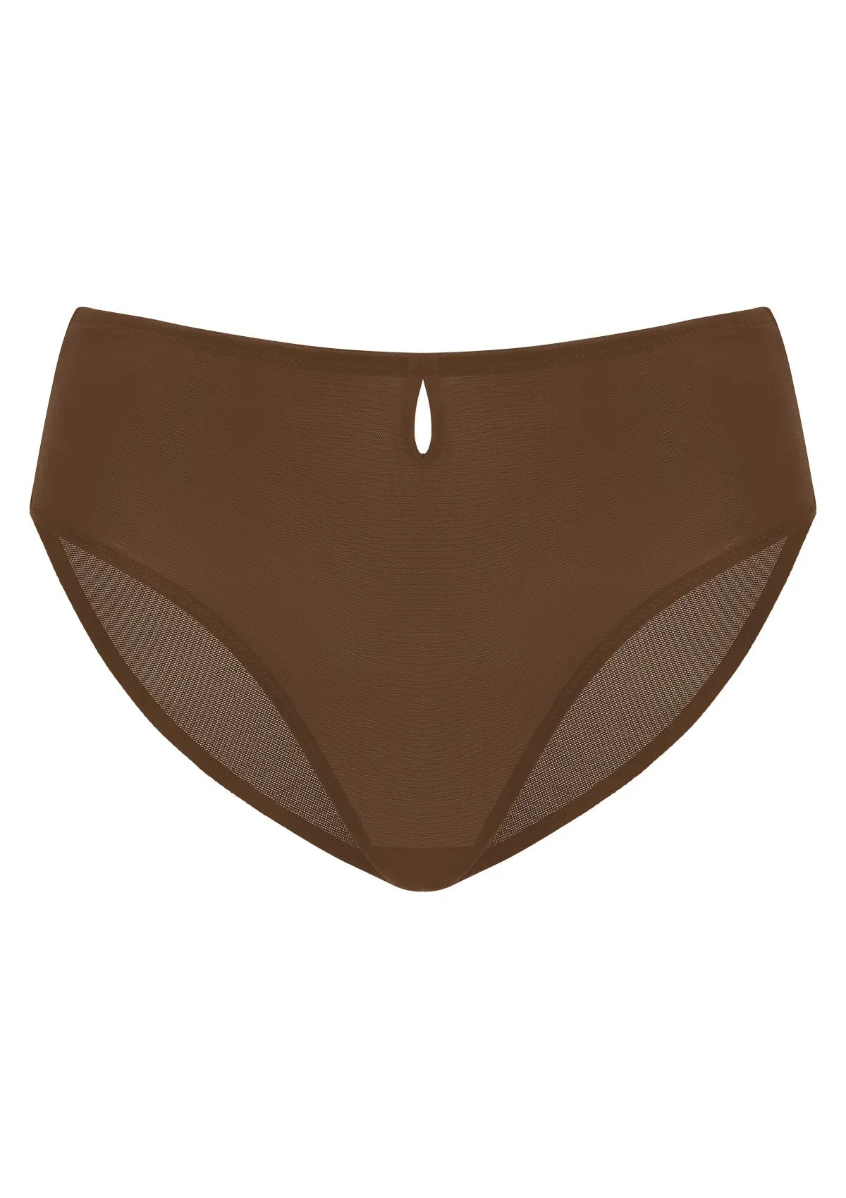 Coffee Brown Bella sheer mesh bikini underwear on model, front view, offering super soft sheer mesh comfort.