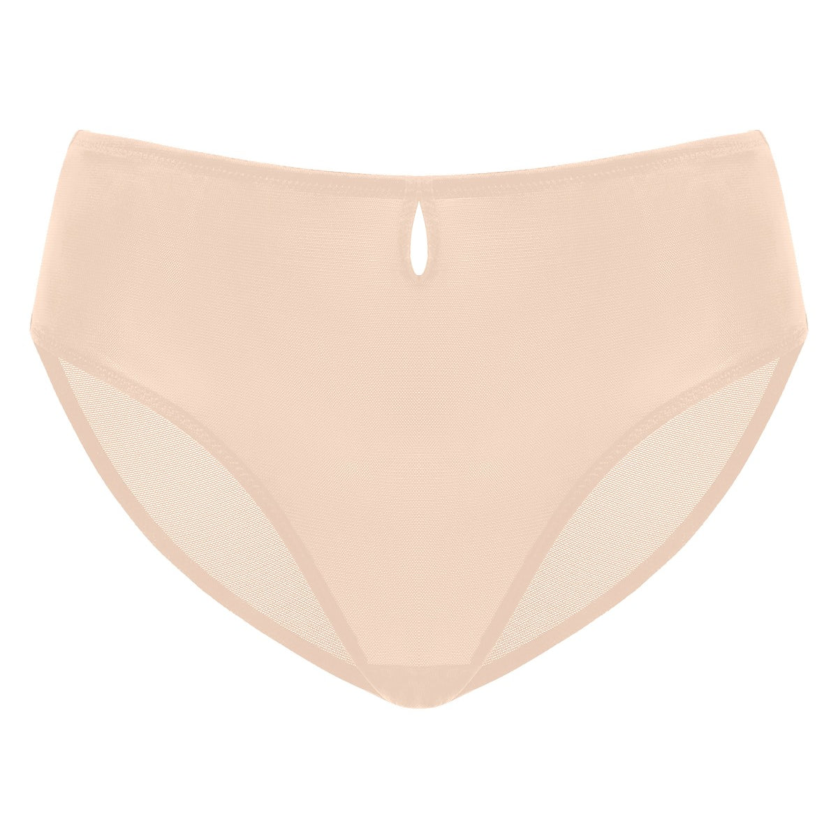 3D render of Warm Beige Bella sheer mesh bikini underwear, featuring a stretch scratch-less material.