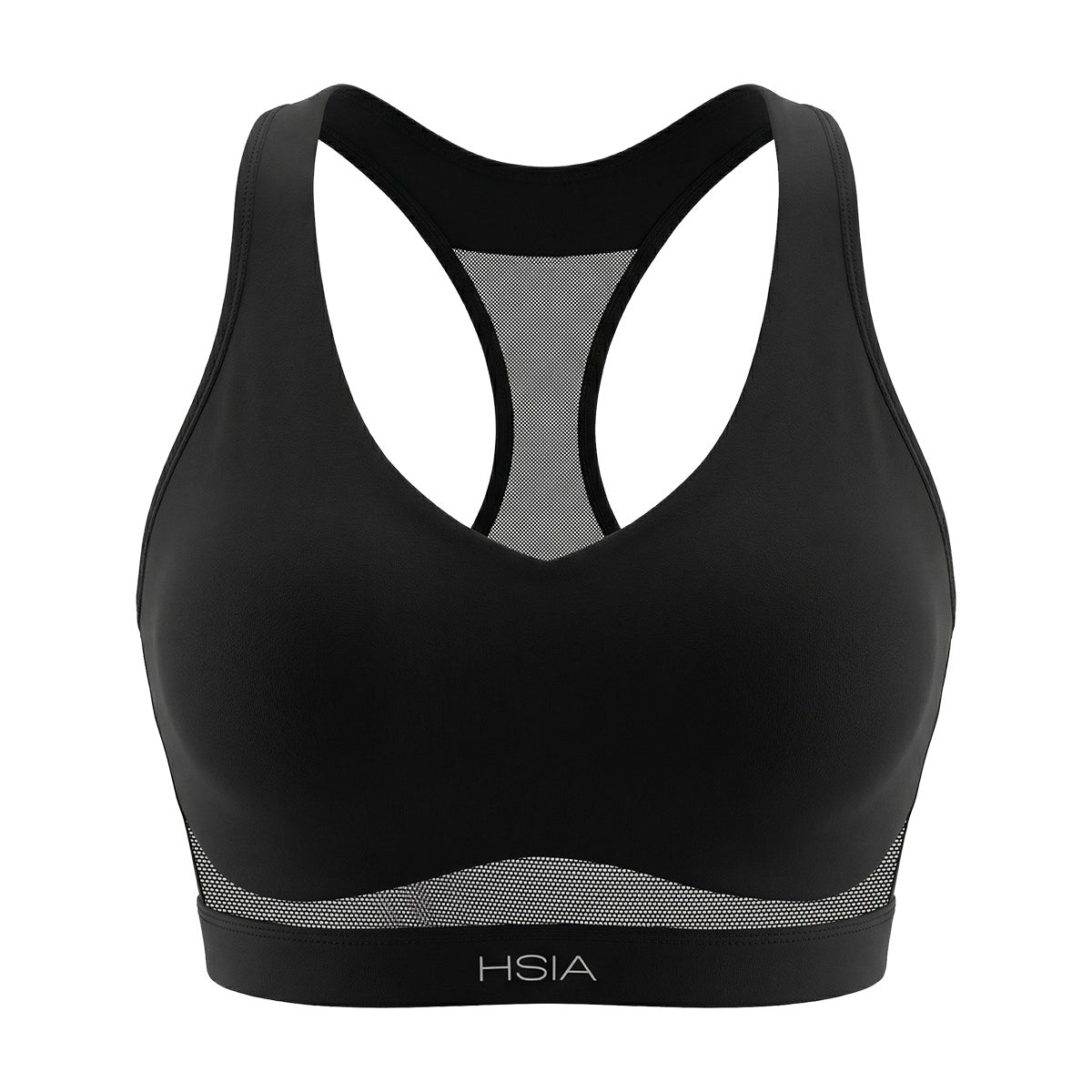 3D studio shot of the black Aura V-neck racerback sports bra FYT0224 showing full coverage design