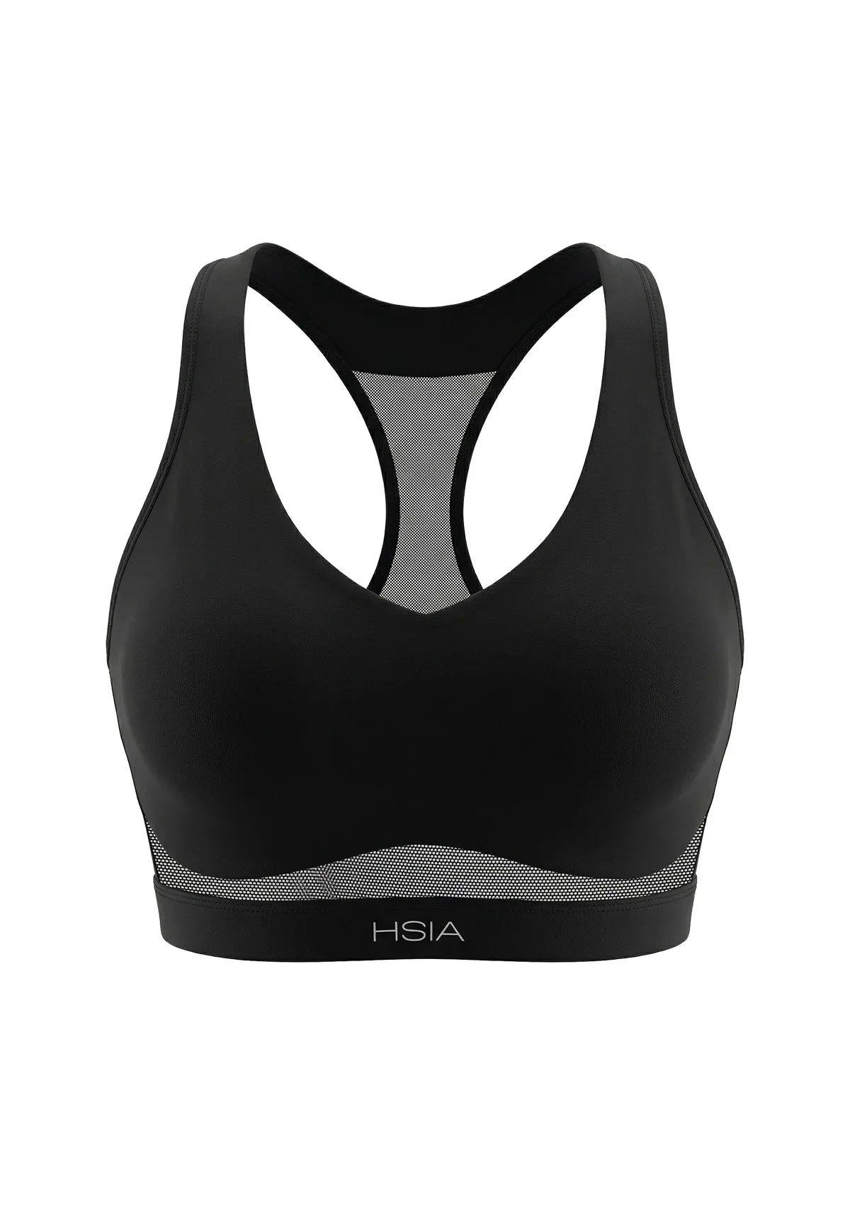 3D studio shot of the black Aura V-neck racerback sports bra FYT0224 showing full coverage design