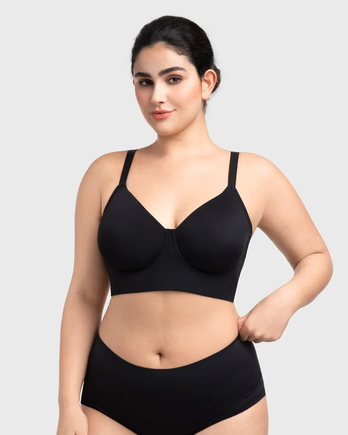 Front view of the buttery-soft black seamless T-shirt bra, providing a gentle, full coverage hug for heavy breasts