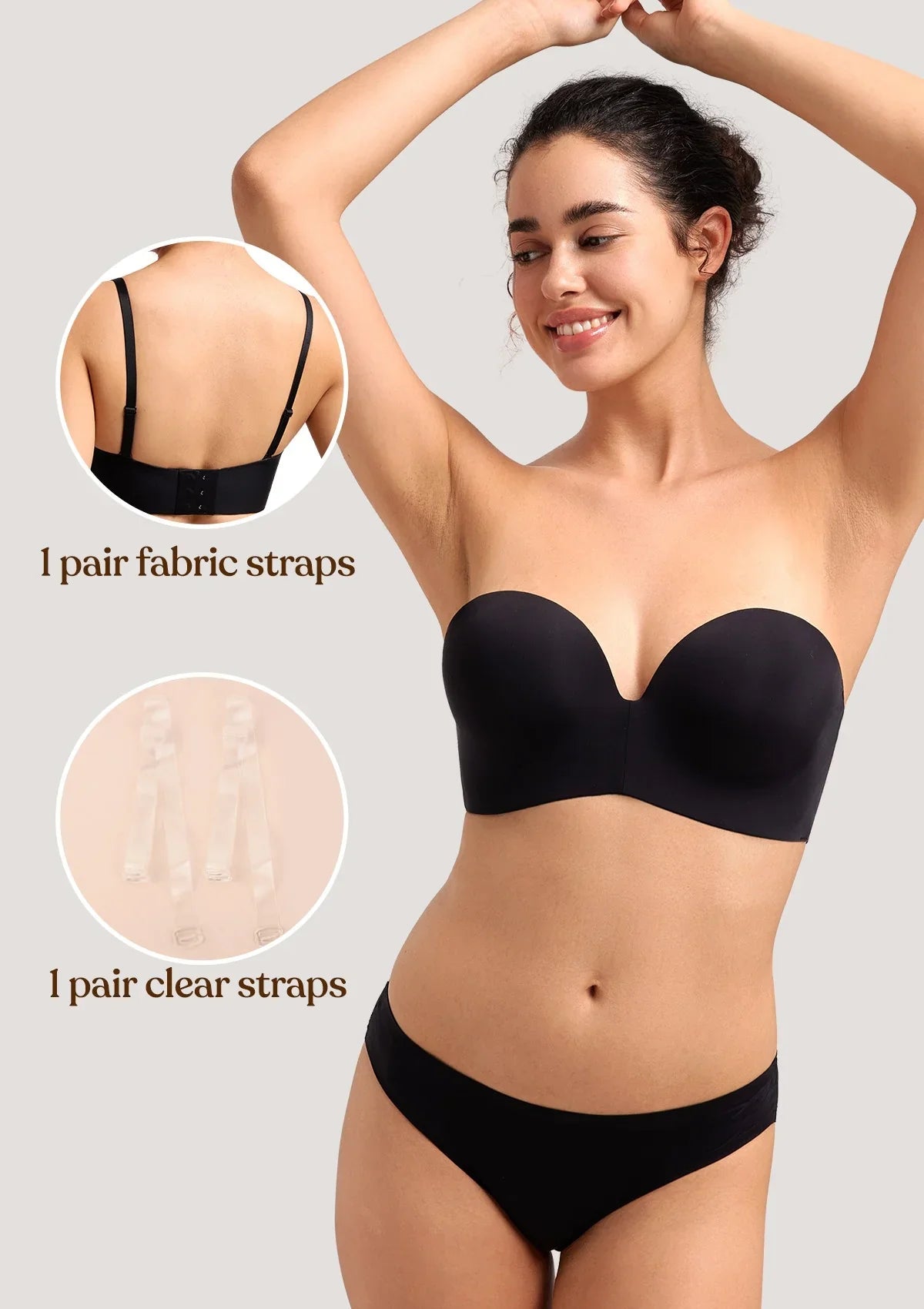 Included strap options for the black convertible bra, featuring soft fabric straps and clear invisible straps to match any neckline.