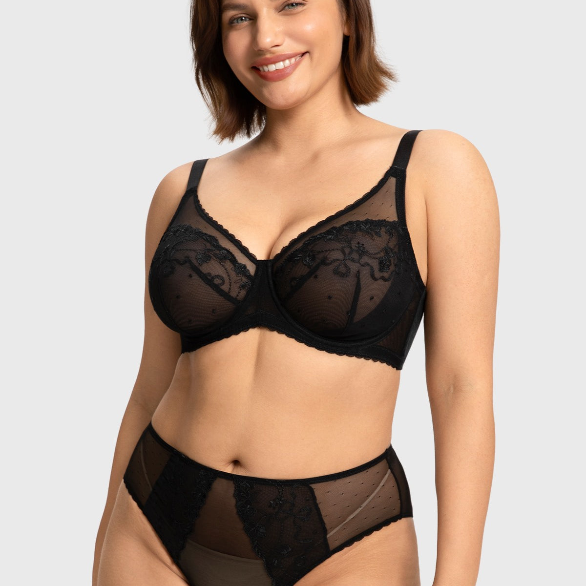 Front view of the black Ophelia unlined full coverage bra, delivering breathtaking elegance and heavy-duty support for fuller figures (C-I cups).