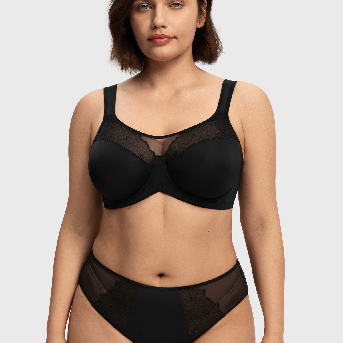 Front view of the black sexy lace full coverage bra, providing the romantic look of lace with the heavy-duty support needed for C to I cups.