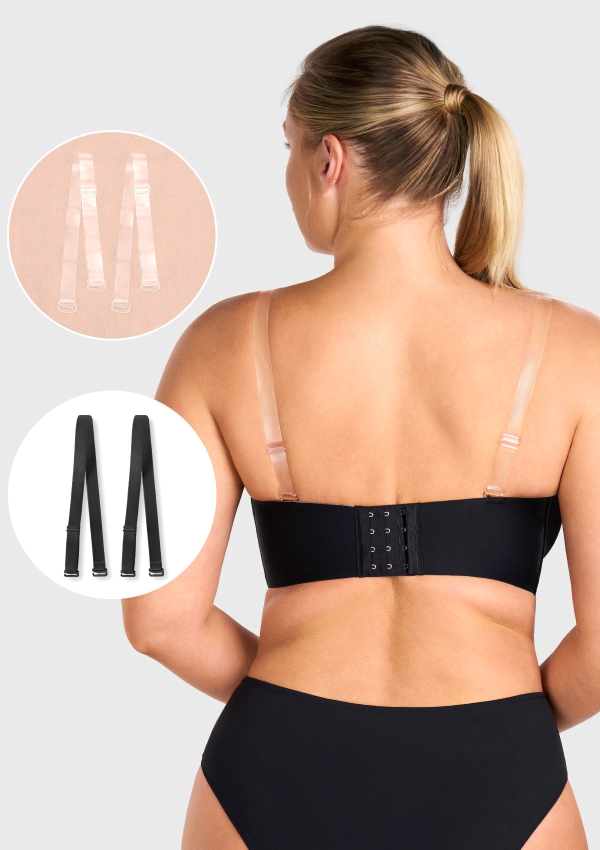 Close-up showing both matching black straps and bonus clear invisible straps included