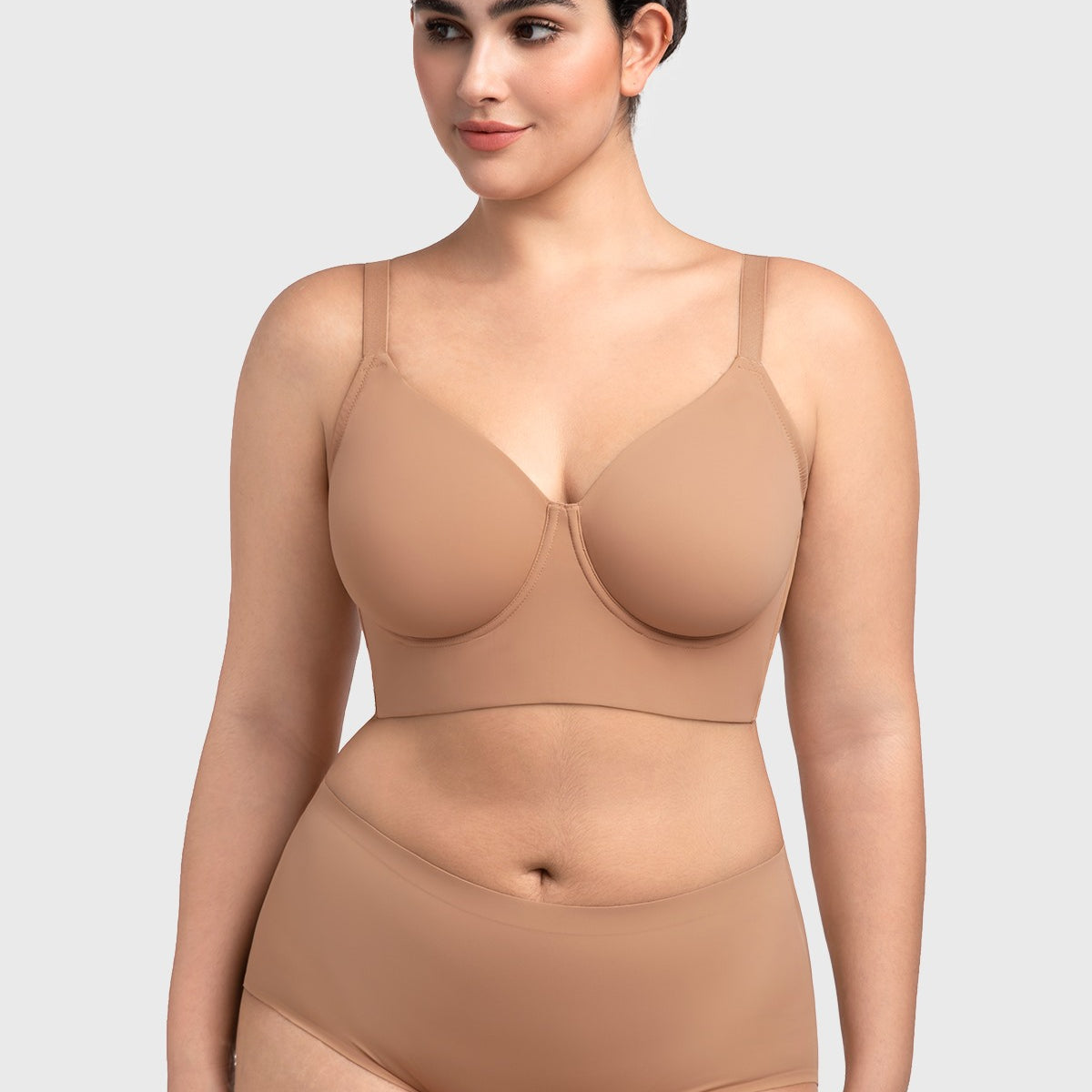 Front view of the rich caramel seamless minimizer bra, offering reliable support and a beautiful shape for heavy breasts