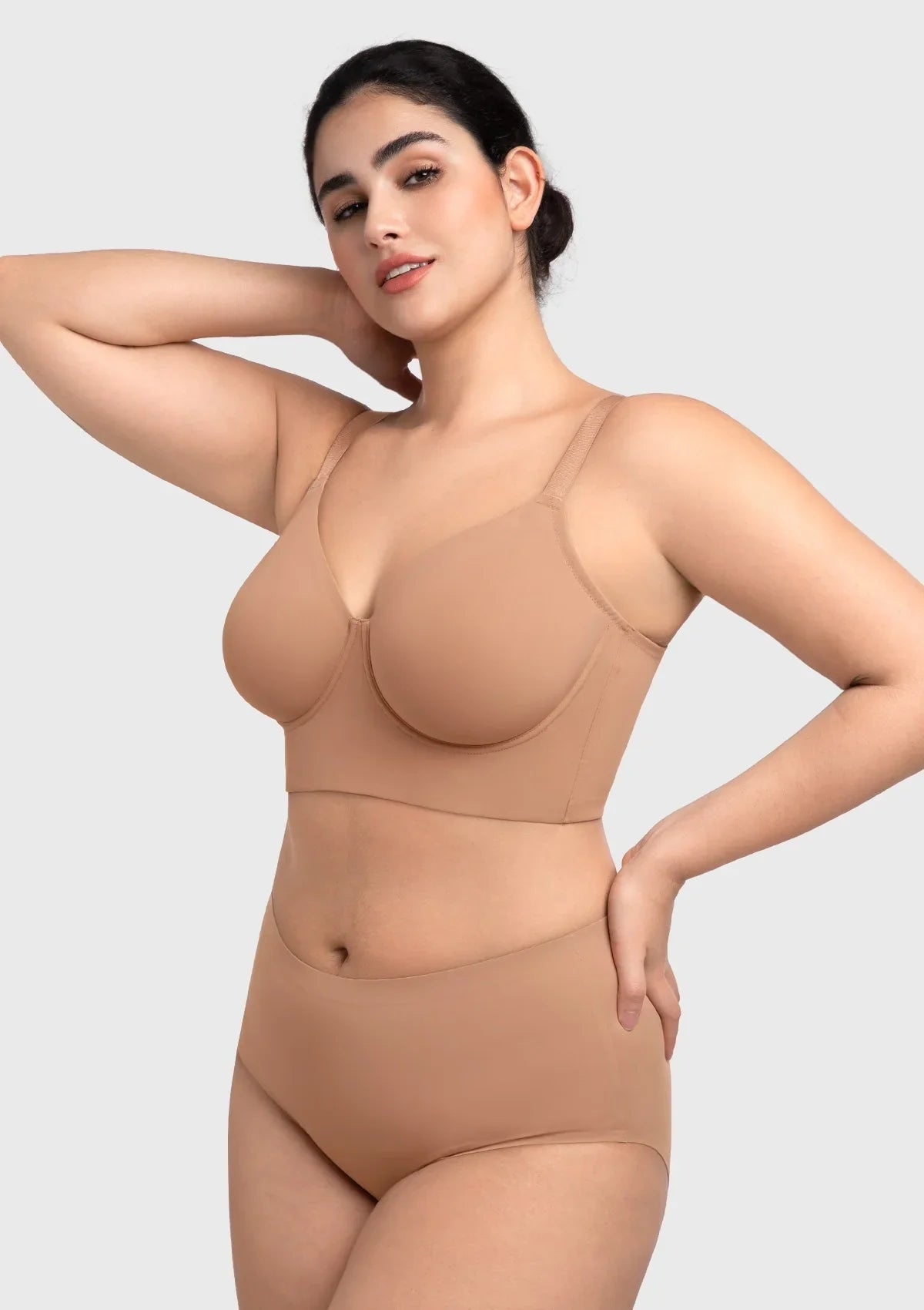 45-degree view displaying the excellent lift and centered side support of the caramel seamless T-shirt bra