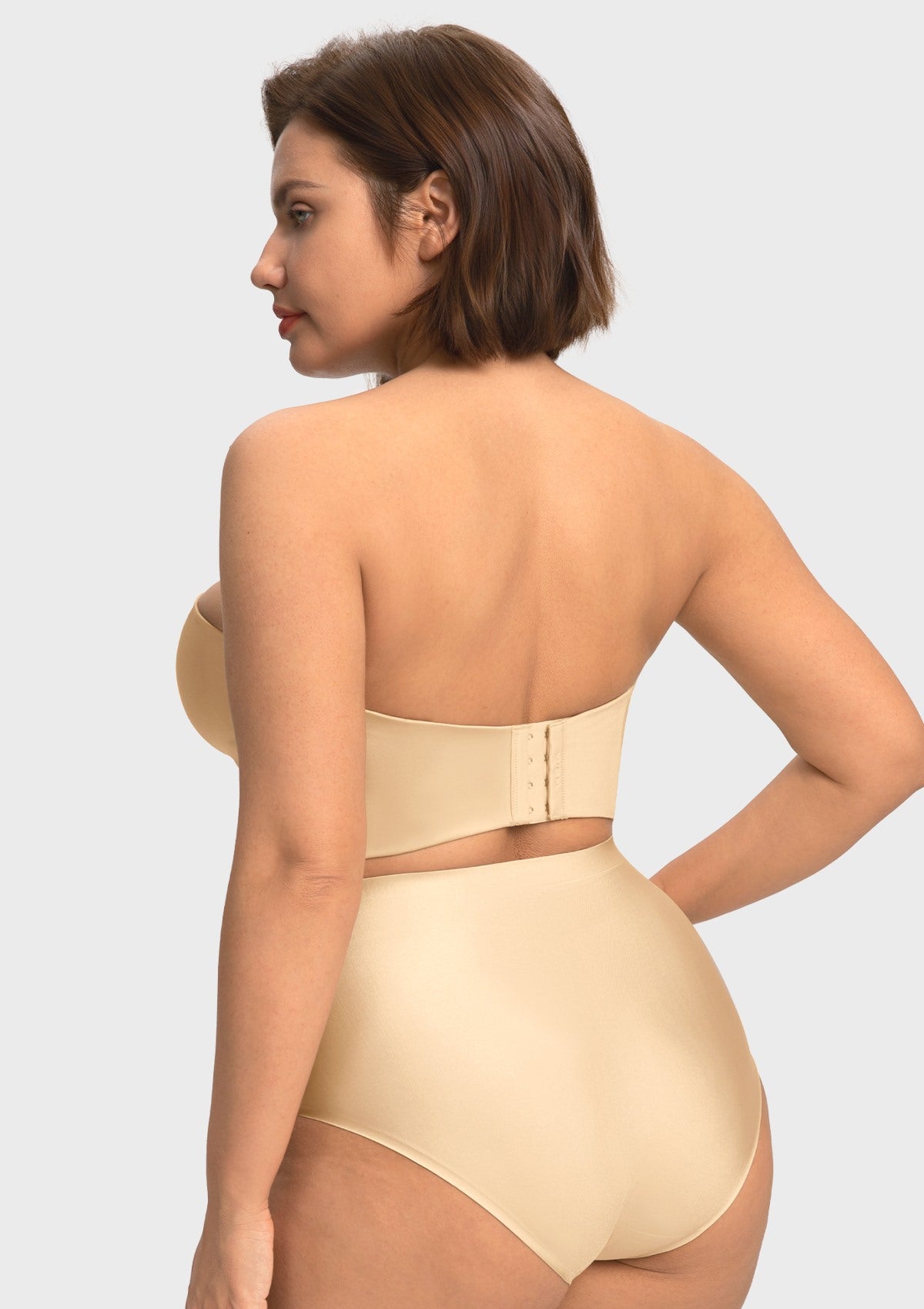 Back view of the champagne longline corset bra, showcasing breathable mesh wings and premium anti-slip silicone to prevent shifting.