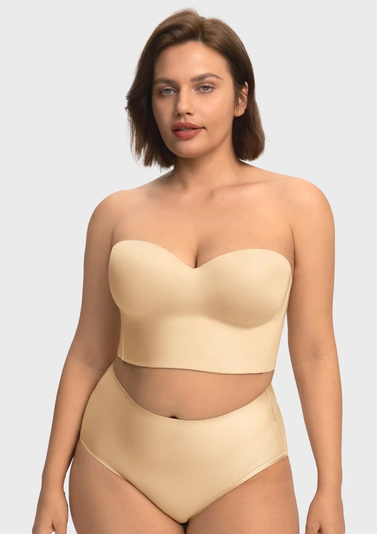 Front view of the champagne longline strapless corset bra, an elegant and supportive choice for bridal gowns or evening wear.