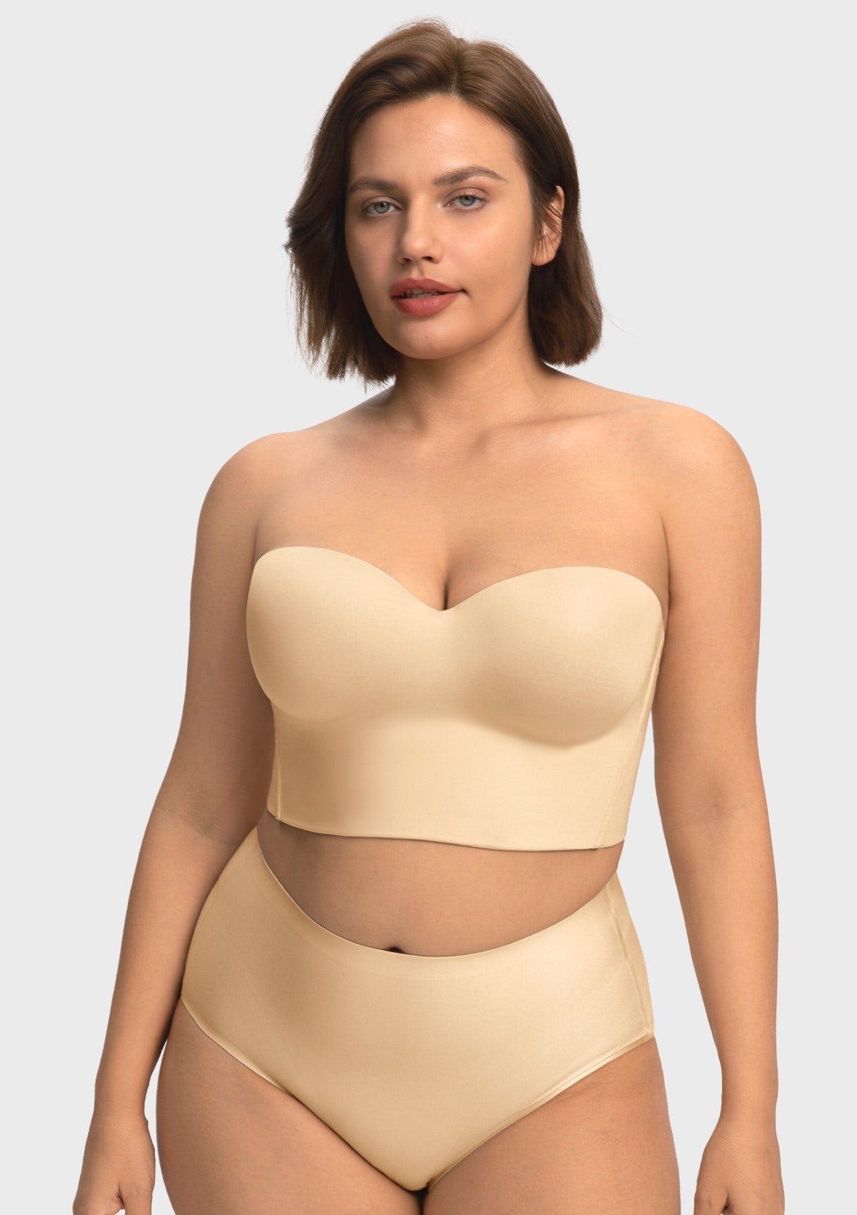 Front view of the champagne longline strapless corset bra, an elegant and supportive choice for bridal gowns or evening wear.