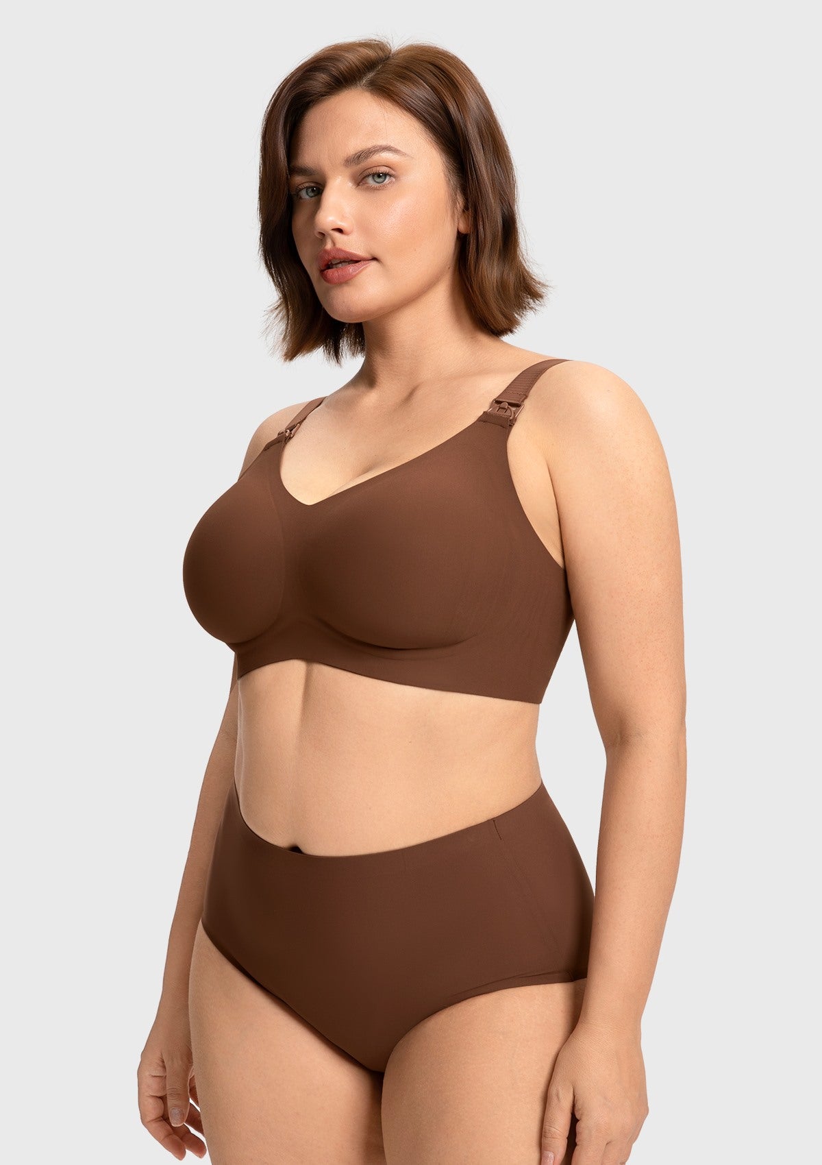 Side angle of the cocoa brown wireless nursing bra, demonstrating the supportive lift and breathable airflow side panels for all-day cooling comfort.